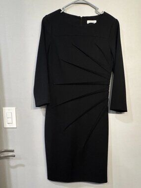 Calvin Klein Black Sheath Dress Knee Length 3/4 Sleeve Pleated Zip Polyester